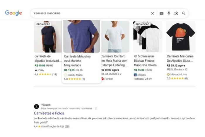 Exemplo real de resultados de busca no Google com o carrossel do Google Shopping exibindo fotos de produtos, preços e nomes de lojas virtuais.
