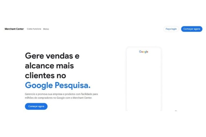 Página do Google Merchant Center para utilizar o Google Shopping.