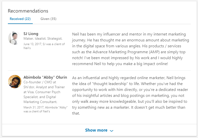 recommendations on linkedin