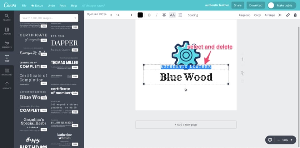 sélectionnez et supprimez le logo gratuit canva blue wood