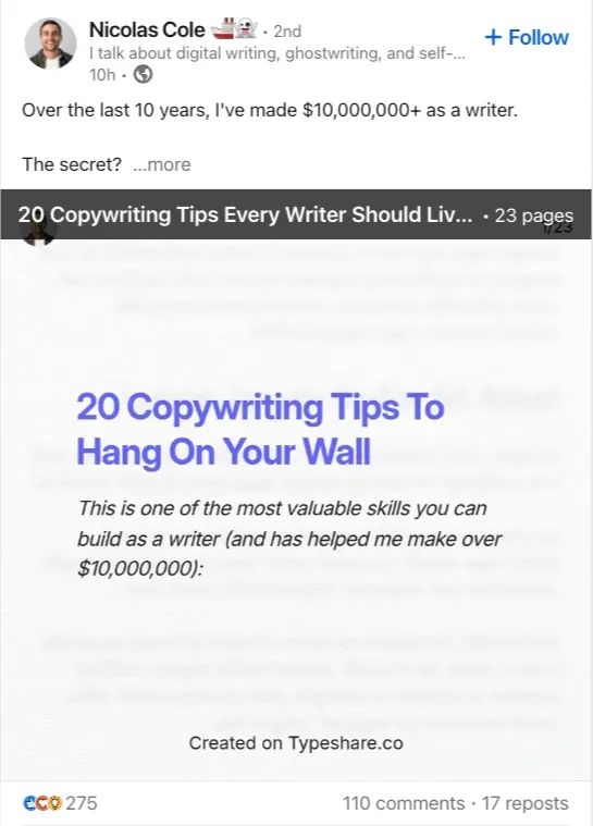 Nicolas Cole LinkedIn post example with strong hook