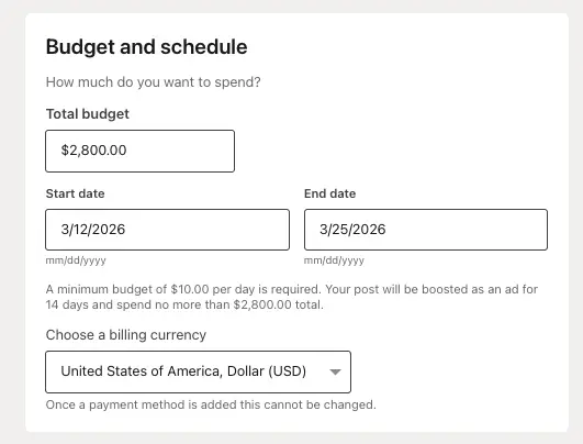 LinkedIn boost post budget and schedule settings