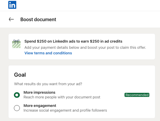 LinkedIn boost post campaign goal selection screen
