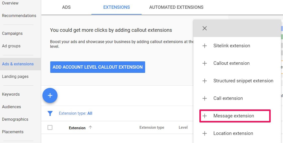 message extension adwords