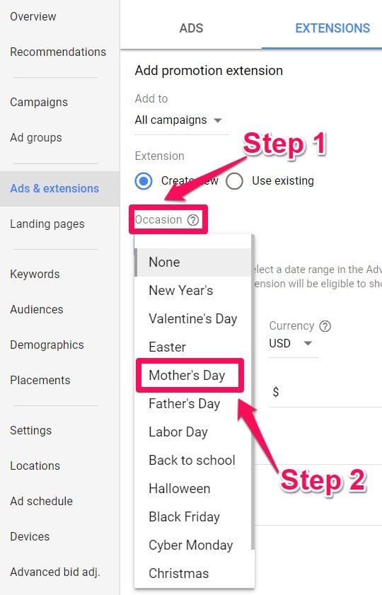 mothers day occasion adwords setup