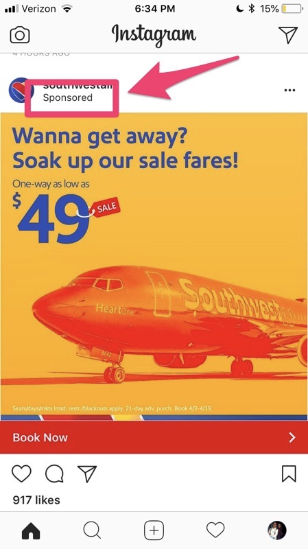 southwest airlines sponsored instagram advertisement