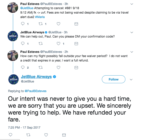 jetblue interaction with customer on twitter