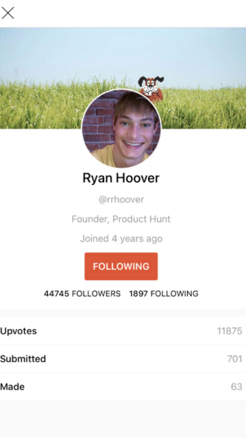 ryan hoover product hunt profile on iOS