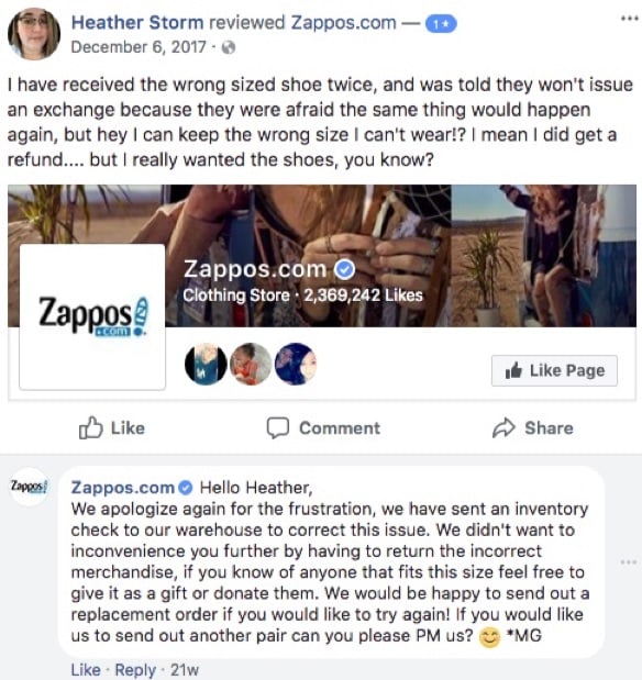 zappos facebook review response