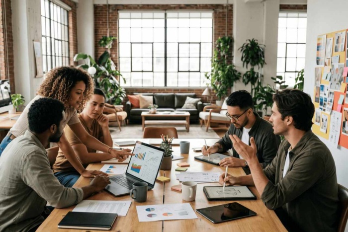Equipe de uma agência de publicidade reunida em torno de uma mesa, analisando gráficos, relatórios e materiais de campanha em um escritório moderno.