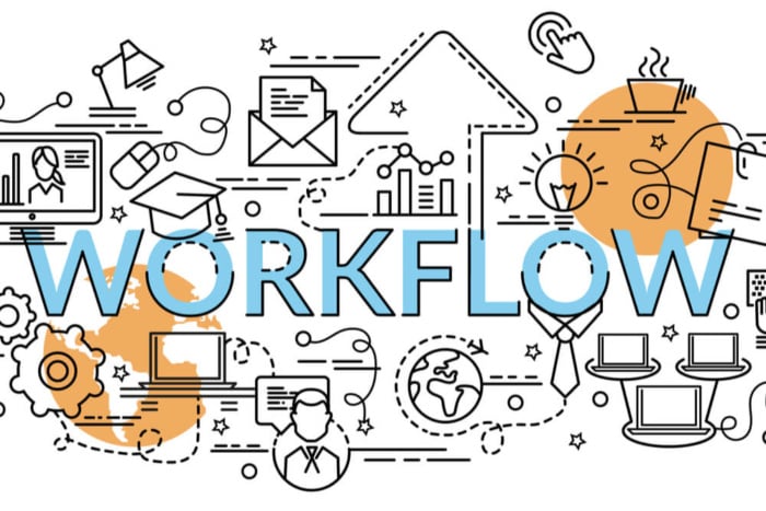 ilustração do título workflow com símbolos relacioandos
