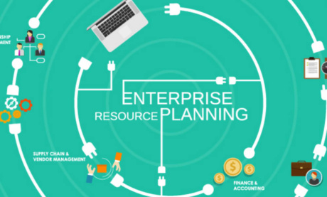 ilustração sobre enterprise resource planning com símbolos títulos e desenhos relacionados a ERP