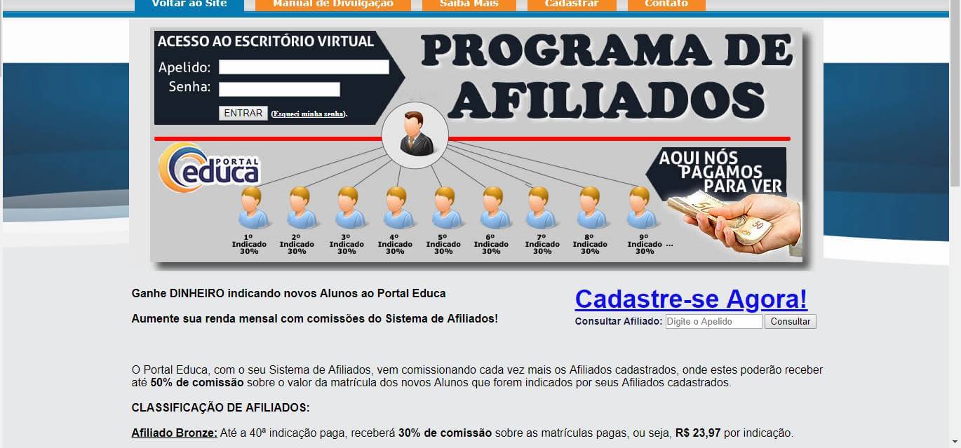 página inicial da plataforma Portal da educação para afiliados 