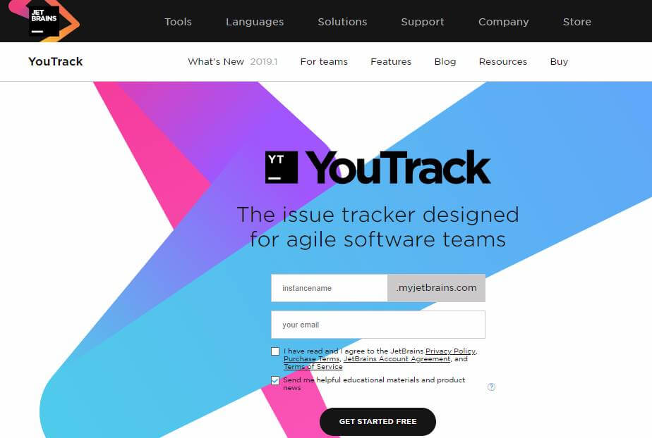página inicial do site da ferramenta Youtrack para desktop