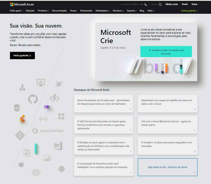 página inicial do site Microsoft Azure