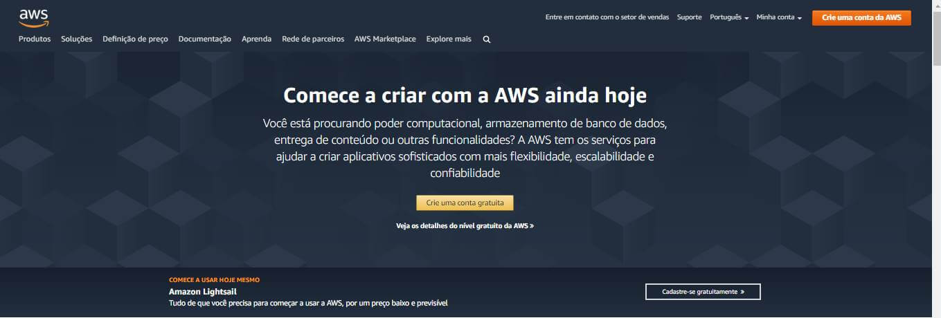 página inicial do site web Amazon AWS