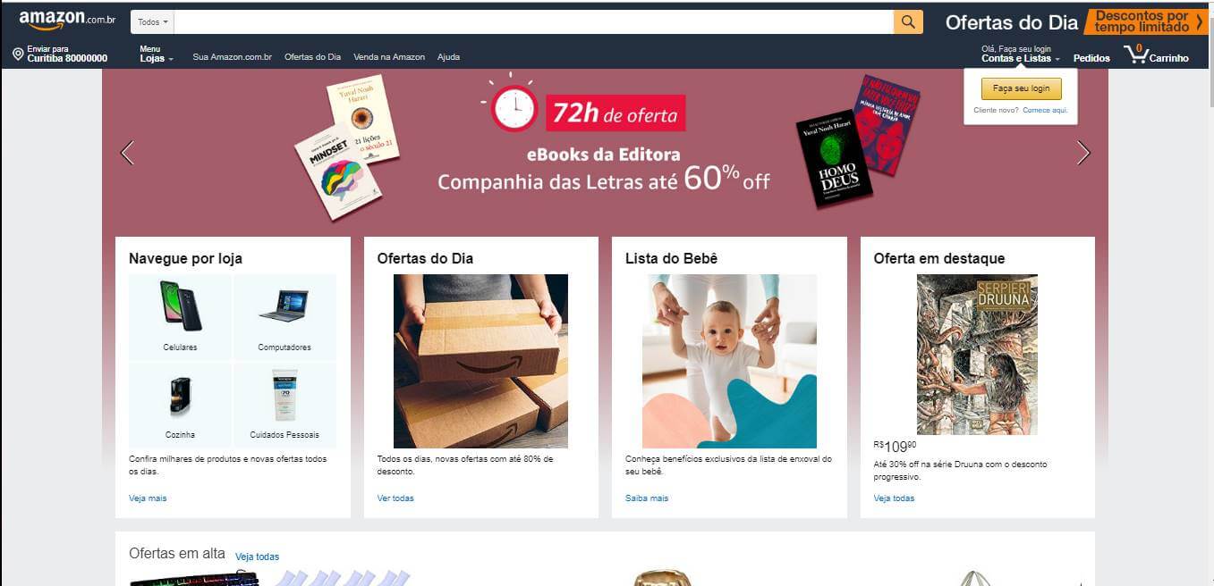página inicial web da plataforma Amazon