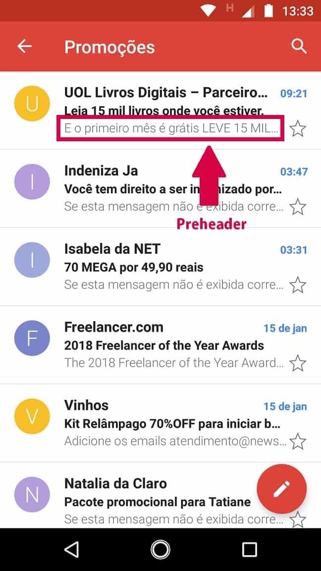 captura de tela com lista de emails