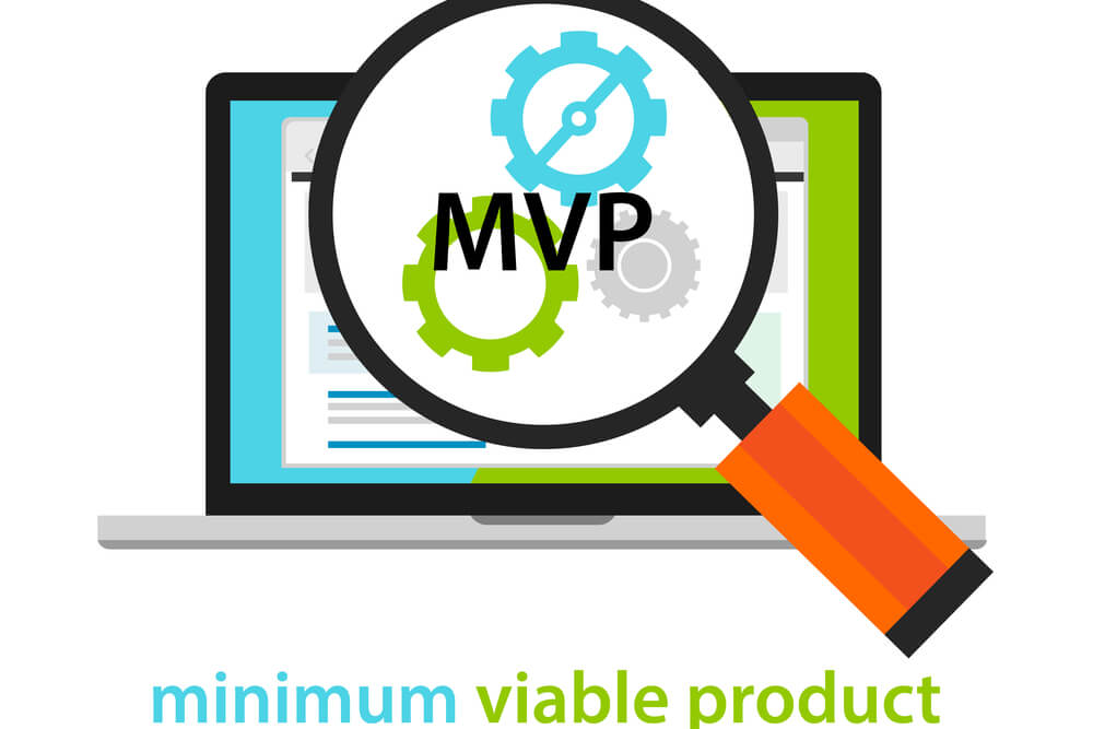 ilustração de laptop e lupa em engrenagens na sigla MVP e título Minimum Viable Porduct