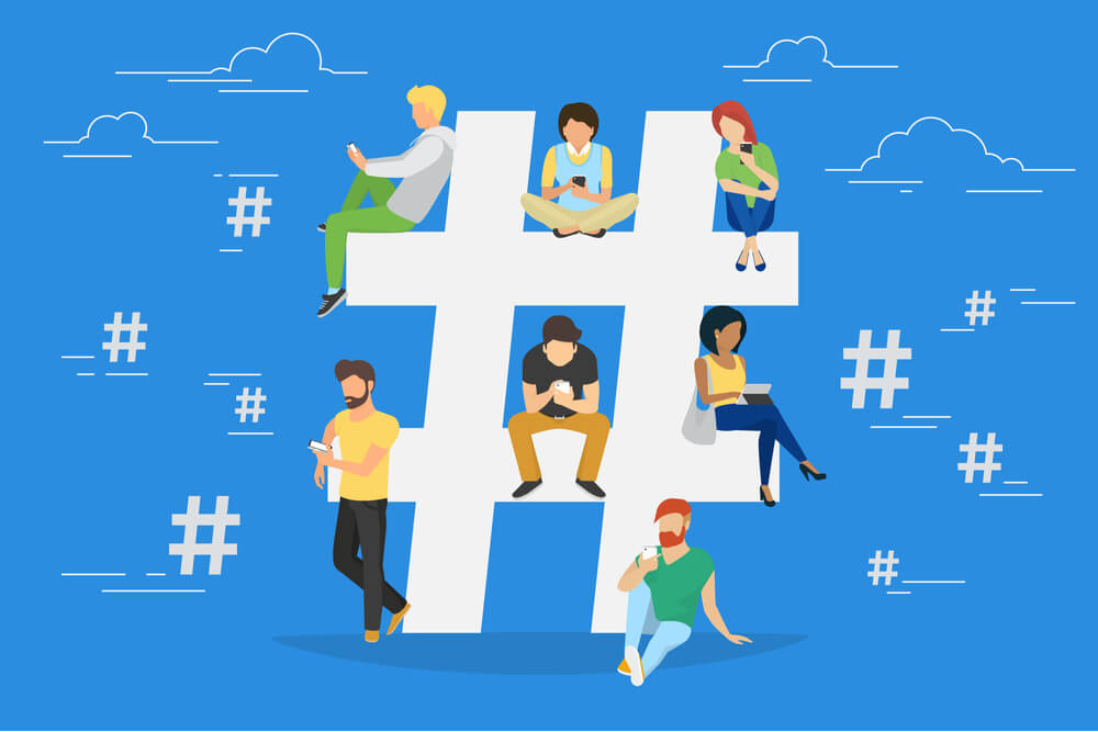 ilustraçao do simbolo de hashtag com pessoas em volta conectadas em smartphones