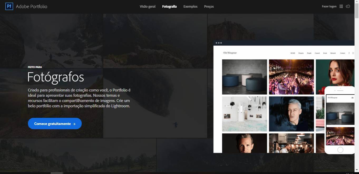 página do site da adobe portfolio para desktop na janela para fotógrafos