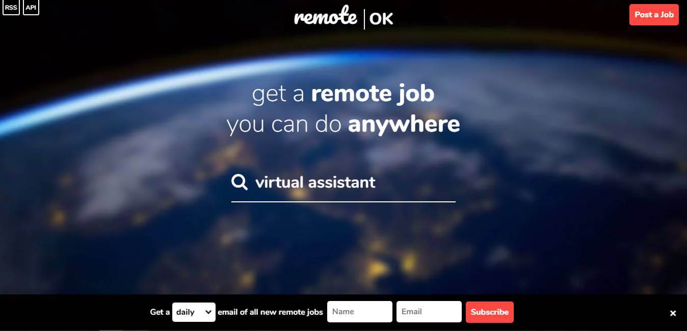 página inicial de site de trabalhos remotos Remote Ok