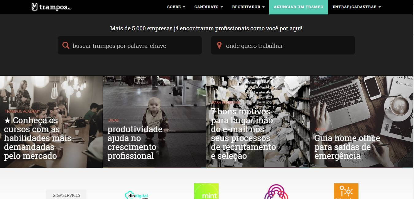 página inicial de site de trabalhos remotos Trampos.co