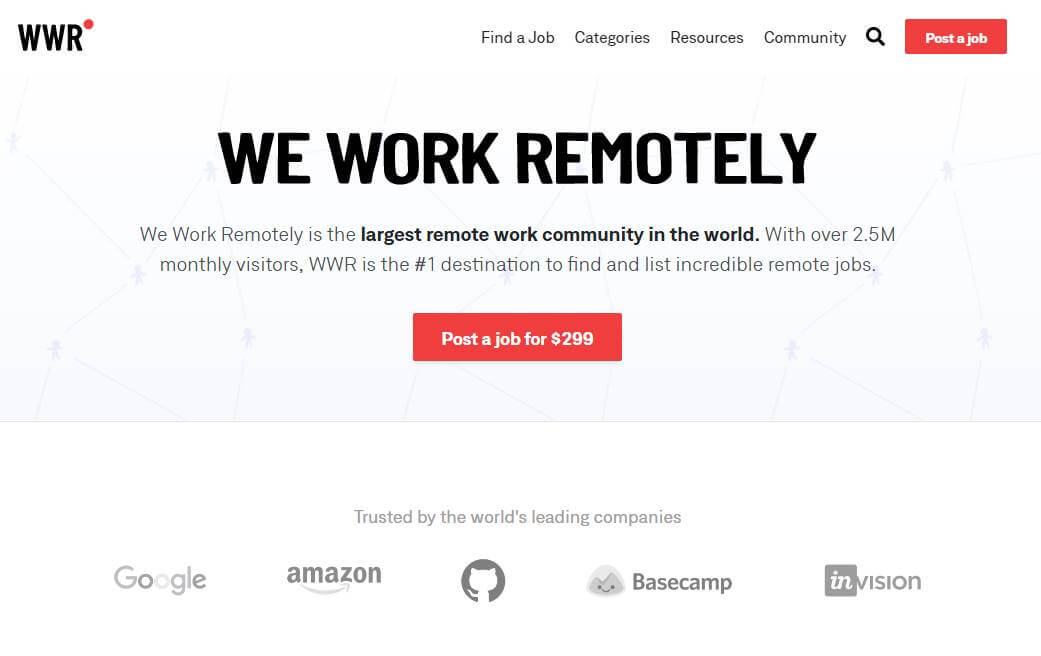 página inicial de site de trabalhos remotos We Work Remotely