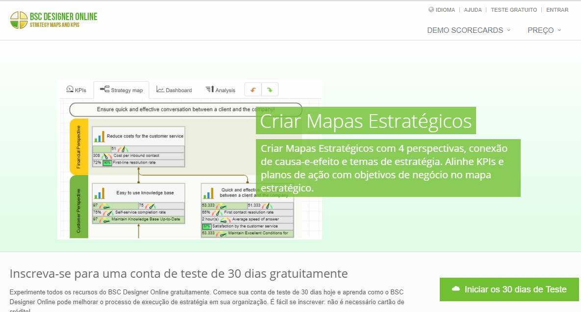 página inicial do site para criação de mapas estratégicos BSC designer online