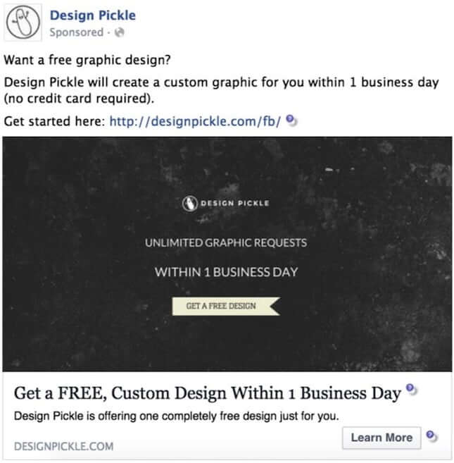 exemplo de campanha de Ads no Facebook publicação promovida da página Design pickle