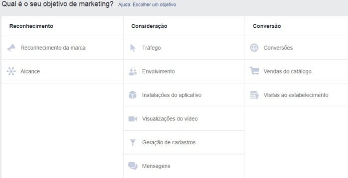 tabela mostrando configurações do facebook ads para criar campanhas