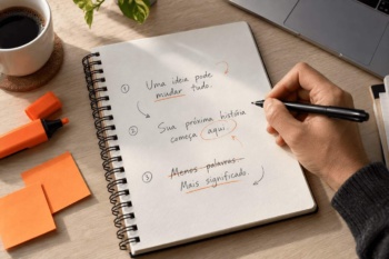 Caderno aberto com frases de marketing escritas à mão, caneta preta, marca-textos laranja e café sobre uma mesa de trabalho.