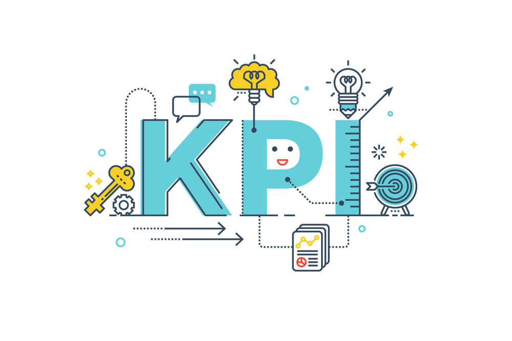 ilustraçao com a palavra kpi  destacada e objetos em sua volta