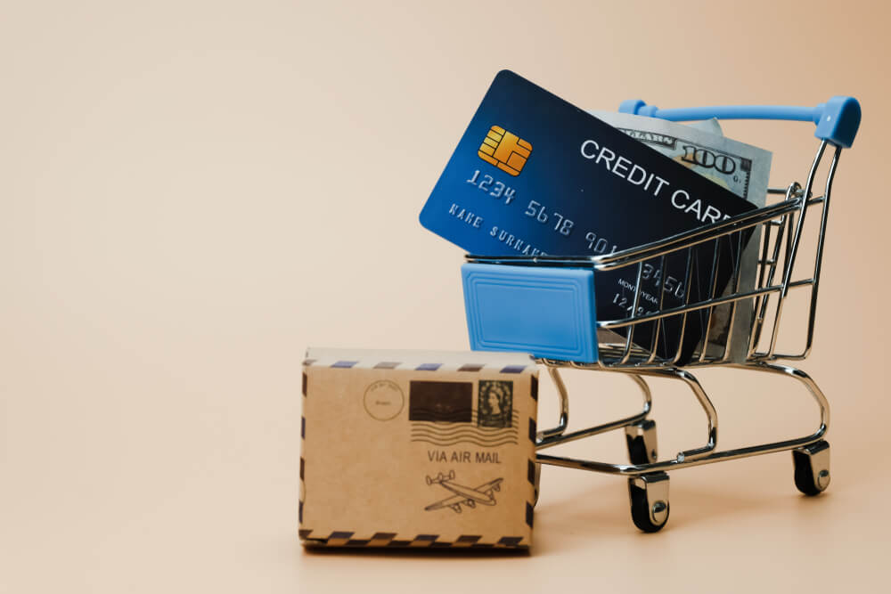 mini carrinho de compras e cartão de crédito