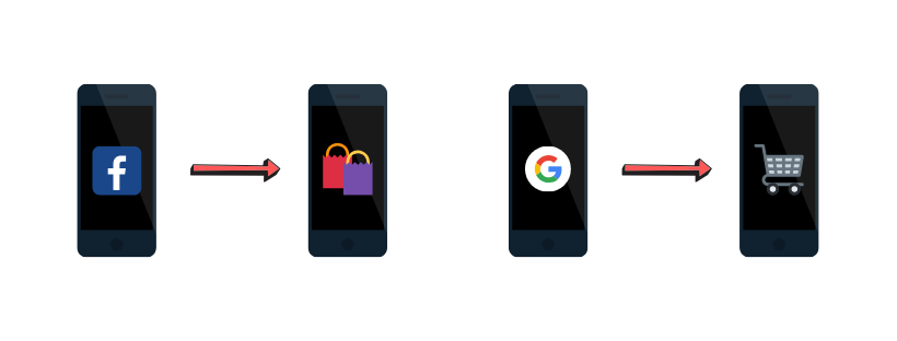where you download an app impacts look. Graphic of four phones with facebook and google logos 