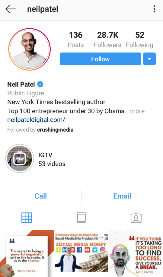how to use mobile deep linking neil patel's instagram account screen shot 