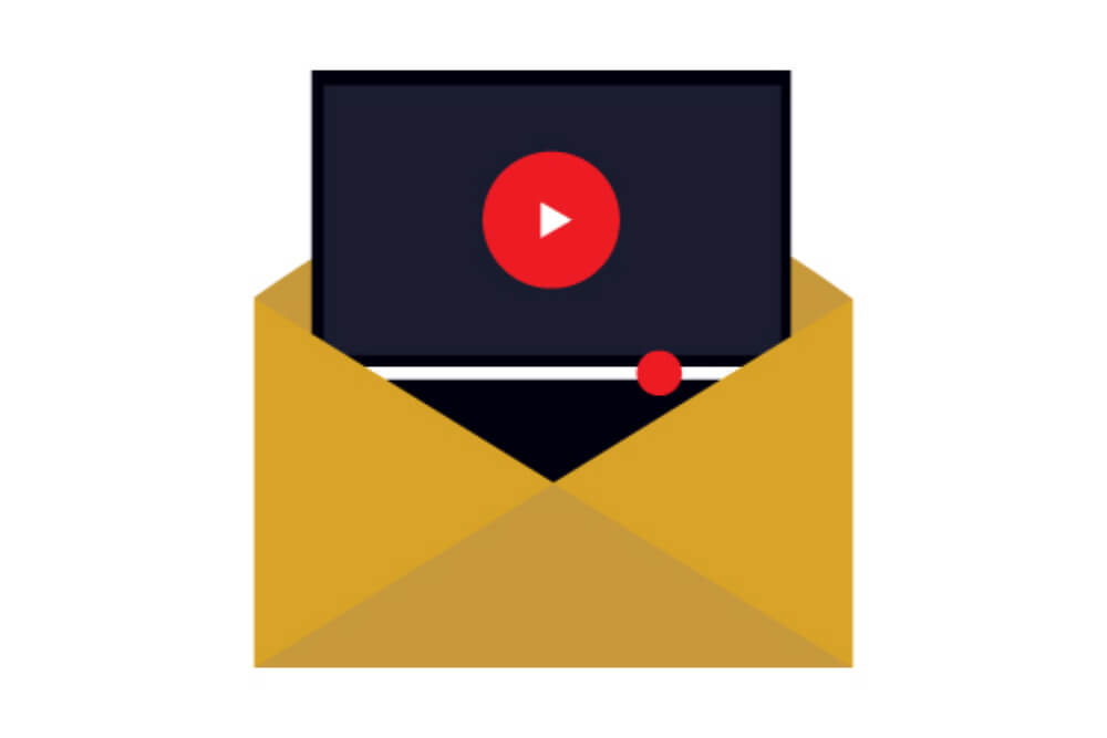 ilustraçao demonstrando simbolo de video do youtube saindo de envelope simbolizando videos mandados por email