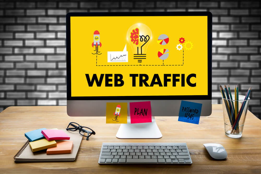 ilustração sobre tráfego web em um computador de mesa