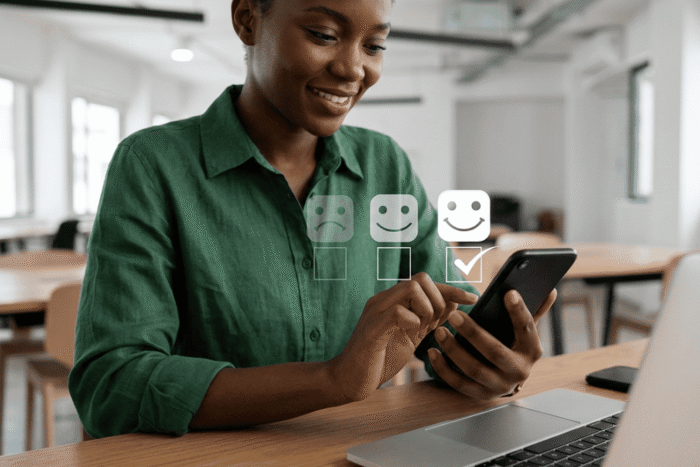 mulher utilizando celular enquanto seleciona avaliação positiva de satisfação, representando experiência do cliente e percepção de valor