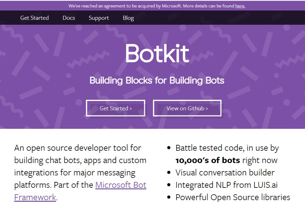 tela inicial do site Botkit para criação de chatbots para facebook