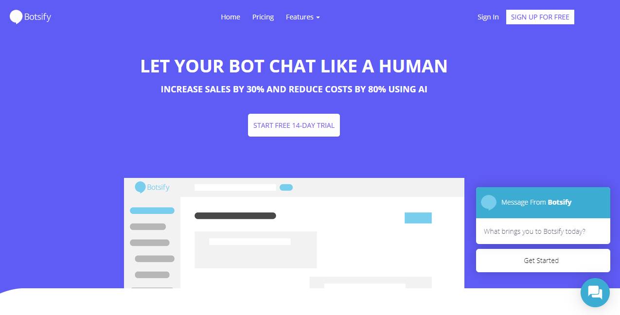 tela inicial do site botsify para criação de chatbots para facebook
