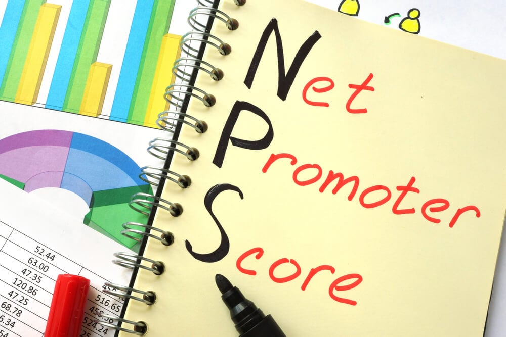 caderno de notas com as palavras net promoter score escritas ao lado de papeis com graficos 