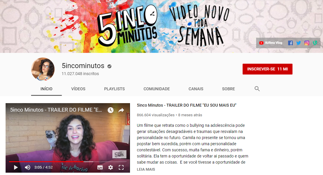 captura de tela de canal 5incominutos na plataforma youtube