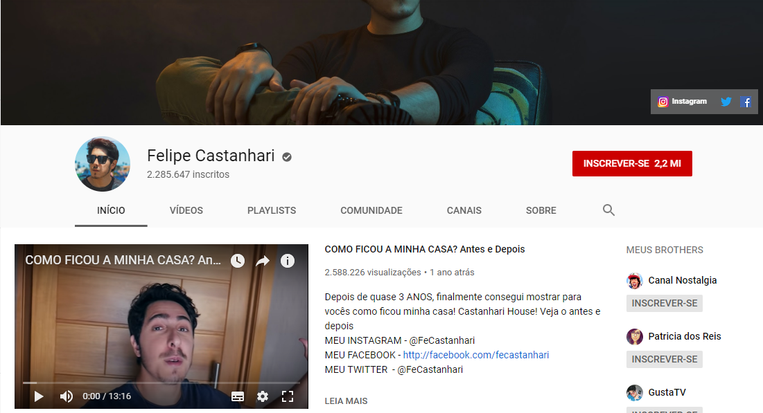 captura de tela de canal de felipe castanhari na plataforma youtube