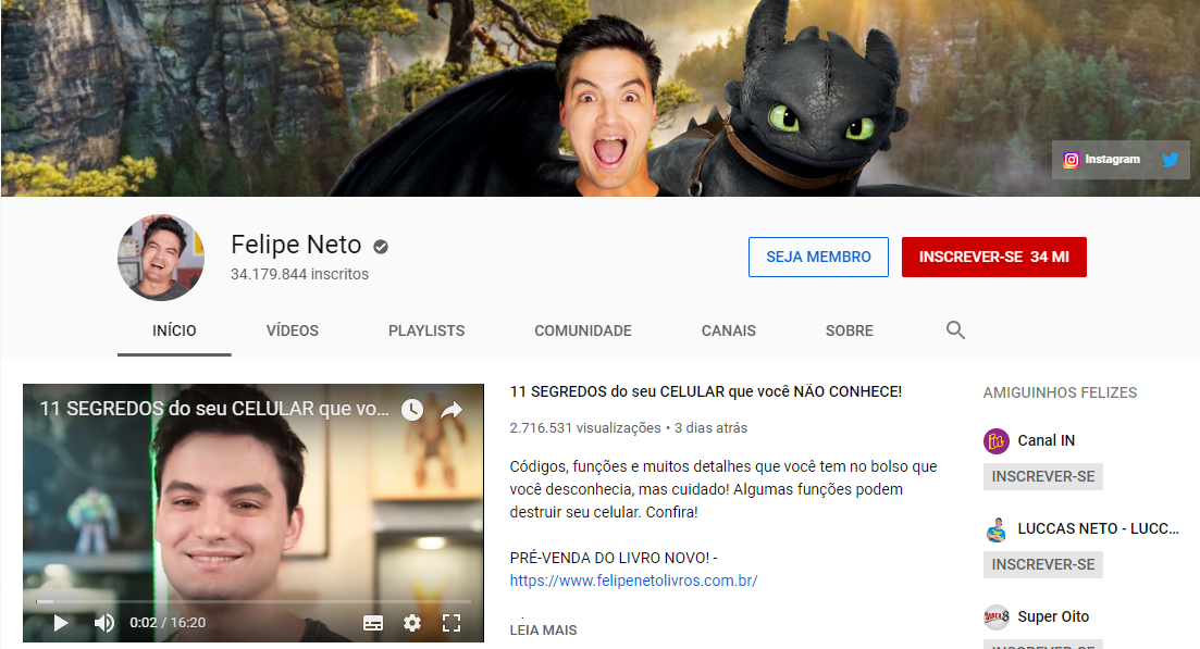 captura de tela de canal de felipe neto na plataforma youtube