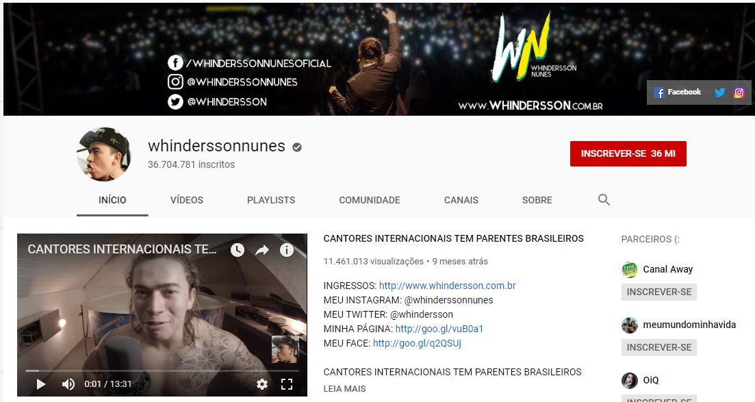 captura de tela de canal de windersson nunes na plataforma youtube