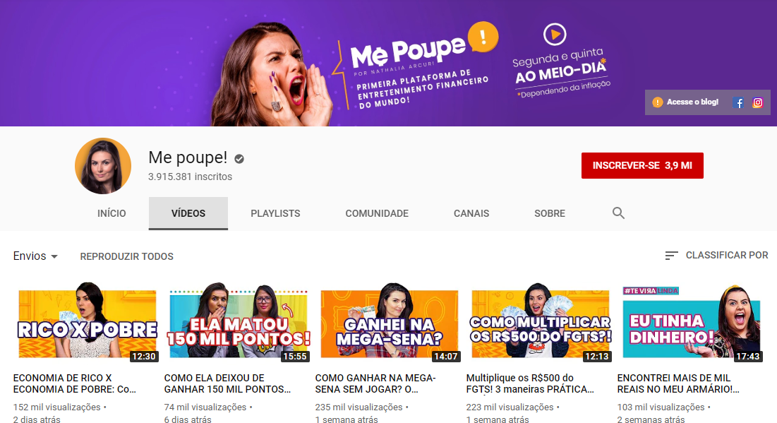 captura de tela de canal Me Poupe! na plataforma youtube