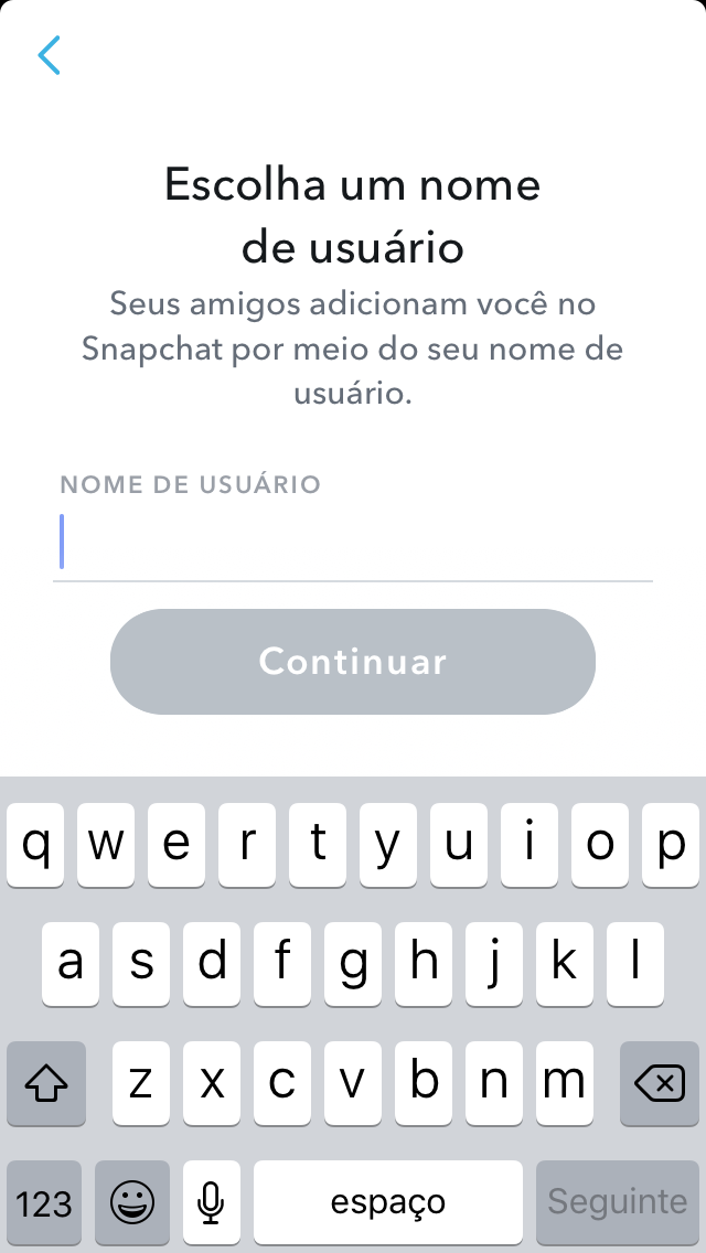 escolhendo nome de usuario ao criar conta no aplicativo snapchat
