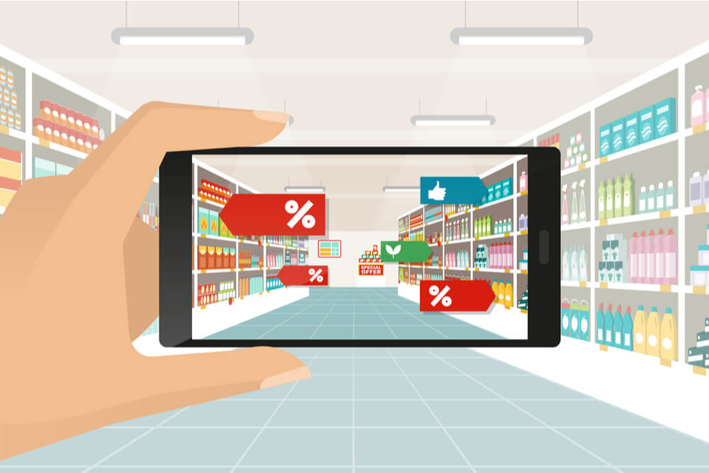 ilustraçao demonstrando mao segurando smartphone em frente a loja com porcentagens de produtos em tela