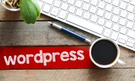 mesa de escritorio com teclado de computador, xicara de cafe e caneta com a palavra wordpress ao lado